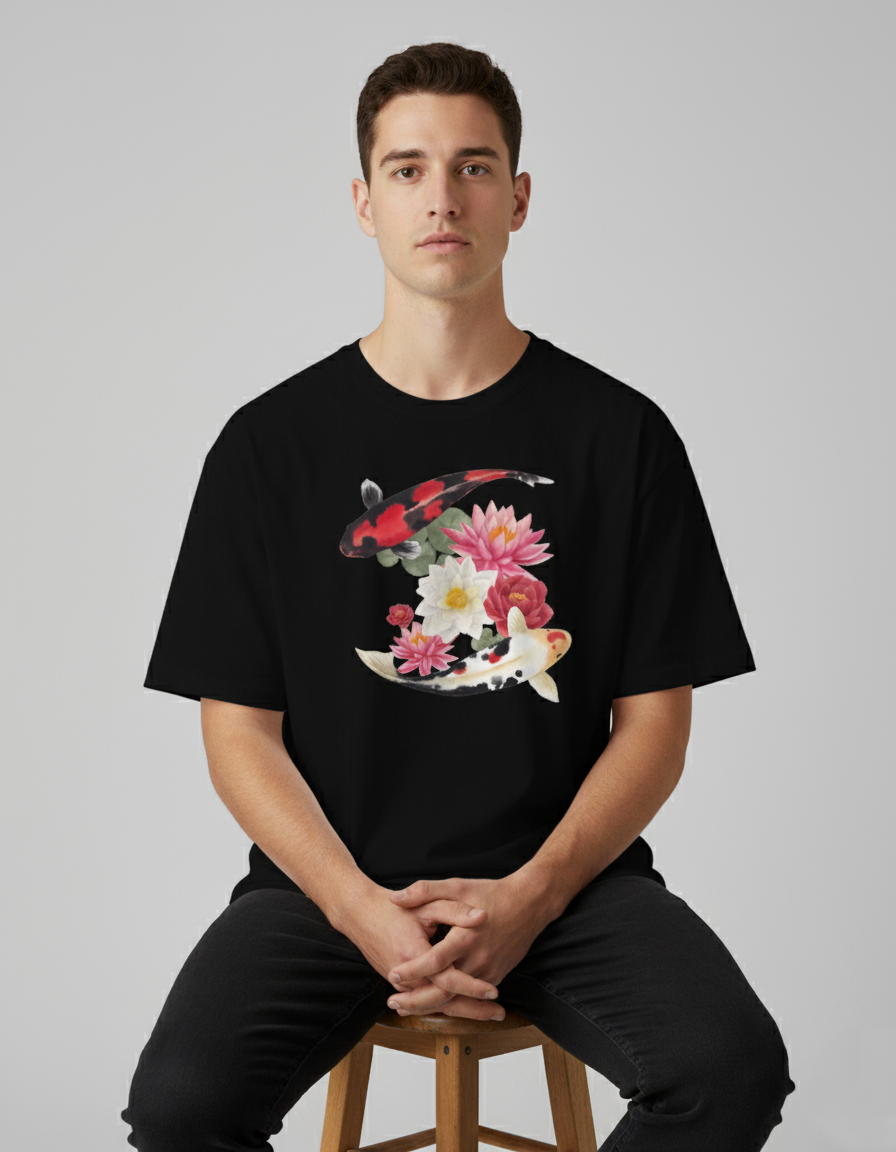 Unisex Oversized Koi Fish Graphic T-Shirt — 240 GSM Heavyweight Cotton Streetwear Tee